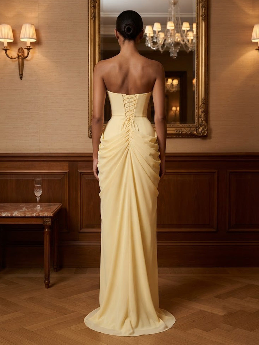 Strapless Chiffon Pleated Mermaid Prom Dresses Maxi Formal Gowns