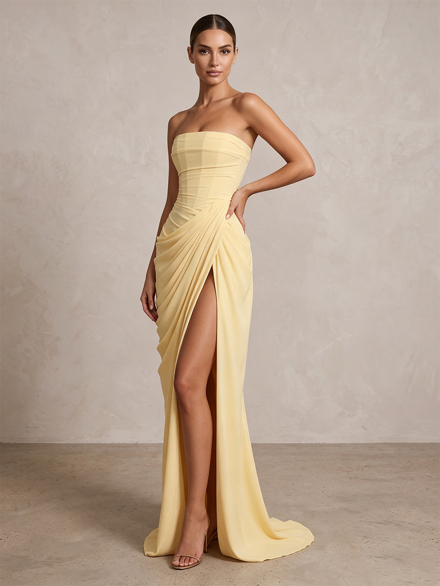 Strapless Chiffon Pleated Mermaid Formal Prom Dresses Maxi Formal Evening Gowns