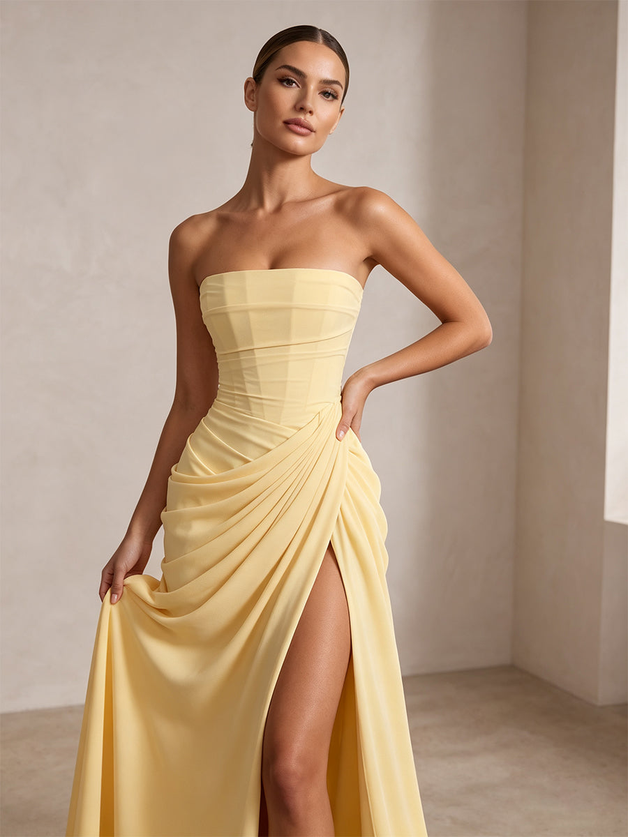 Strapless Chiffon Pleated Mermaid Formal Prom Dresses Maxi Formal Evening Gowns