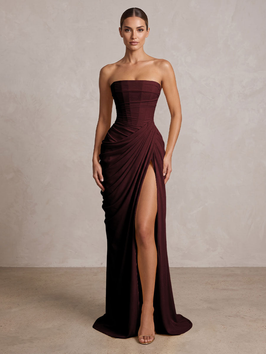 Strapless Chiffon Pleated Mermaid Formal Prom Dresses Maxi Formal Evening Gowns