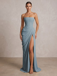 Strapless Chiffon Pleated Mermaid Formal Prom Dresses Maxi Formal Evening Gowns