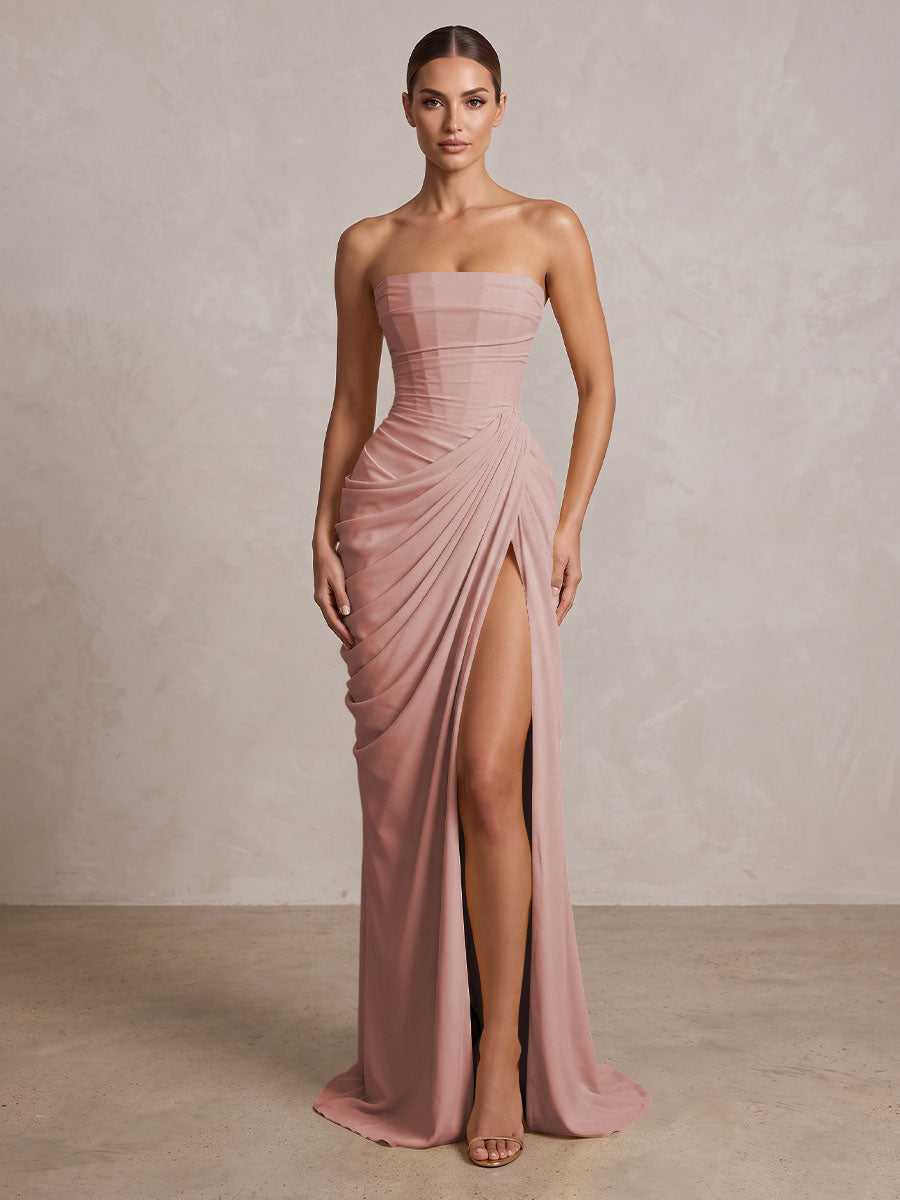 Strapless Chiffon Pleated Mermaid Formal Prom Dresses Maxi Formal Evening Gowns