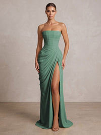 Strapless Chiffon Pleated Mermaid Formal Prom Dresses Maxi Formal Evening Gowns