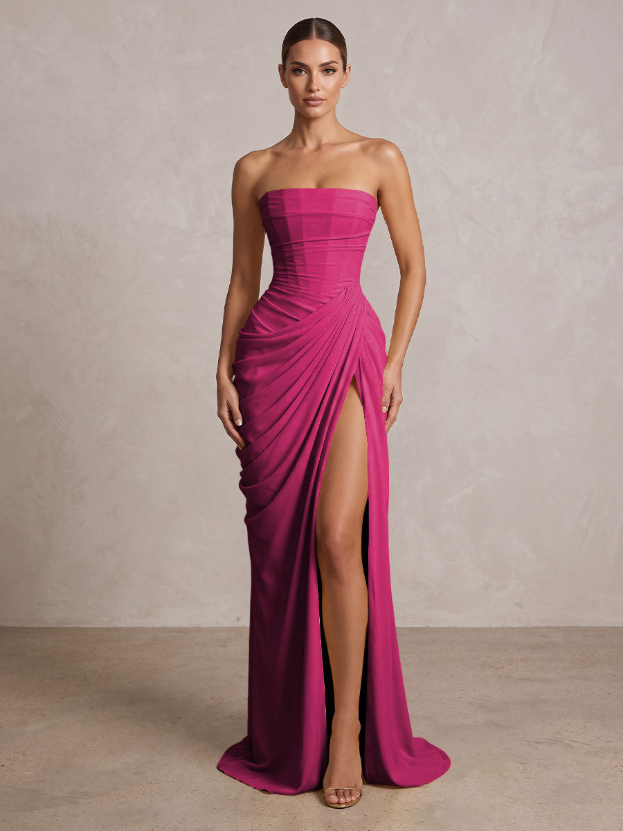 Strapless Chiffon Pleated Mermaid Formal Prom Dresses Maxi Formal Evening Gowns