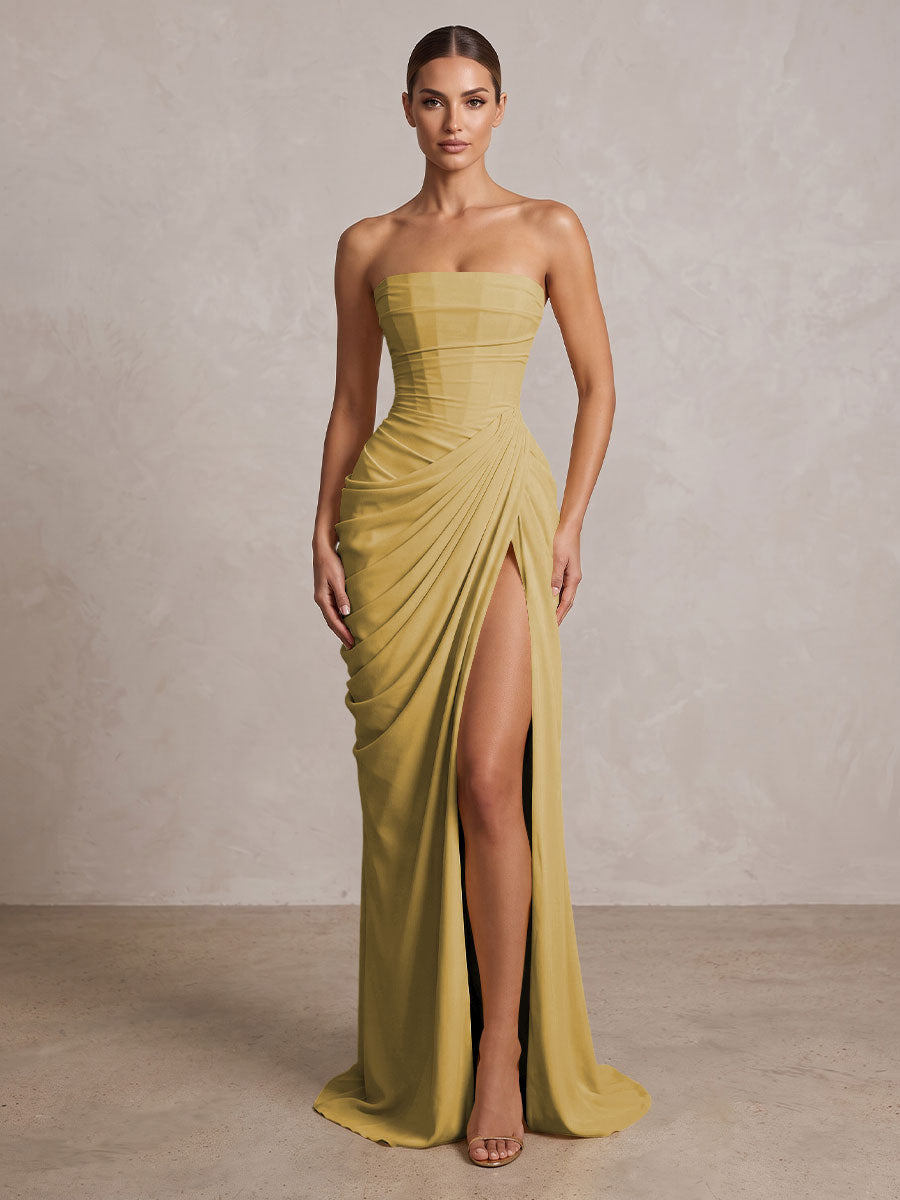 Strapless Chiffon Pleated Mermaid Formal Prom Dresses Maxi Formal Evening Gowns