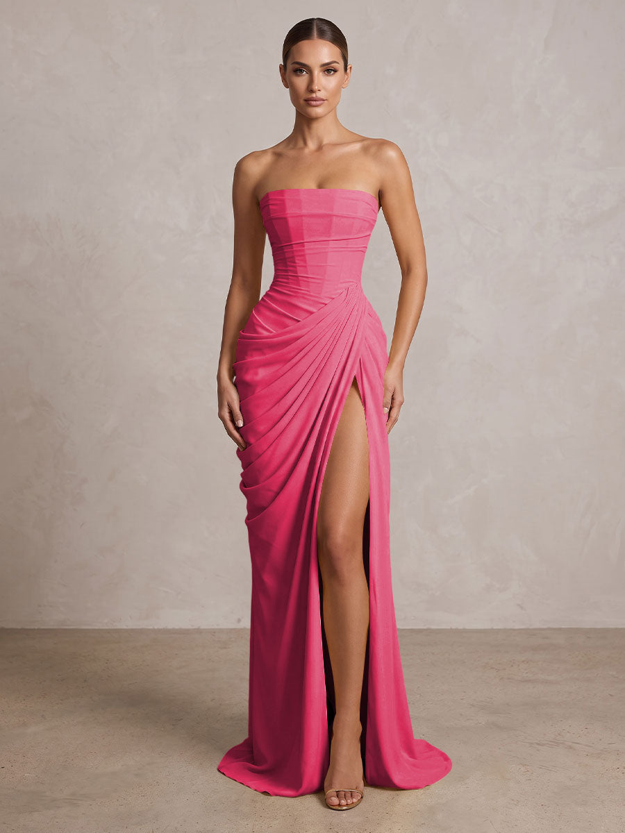 Strapless Chiffon Pleated Mermaid Formal Prom Dresses Maxi Formal Evening Gowns