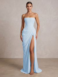 Strapless Chiffon Pleated Mermaid Formal Prom Dresses Maxi Formal Evening Gowns