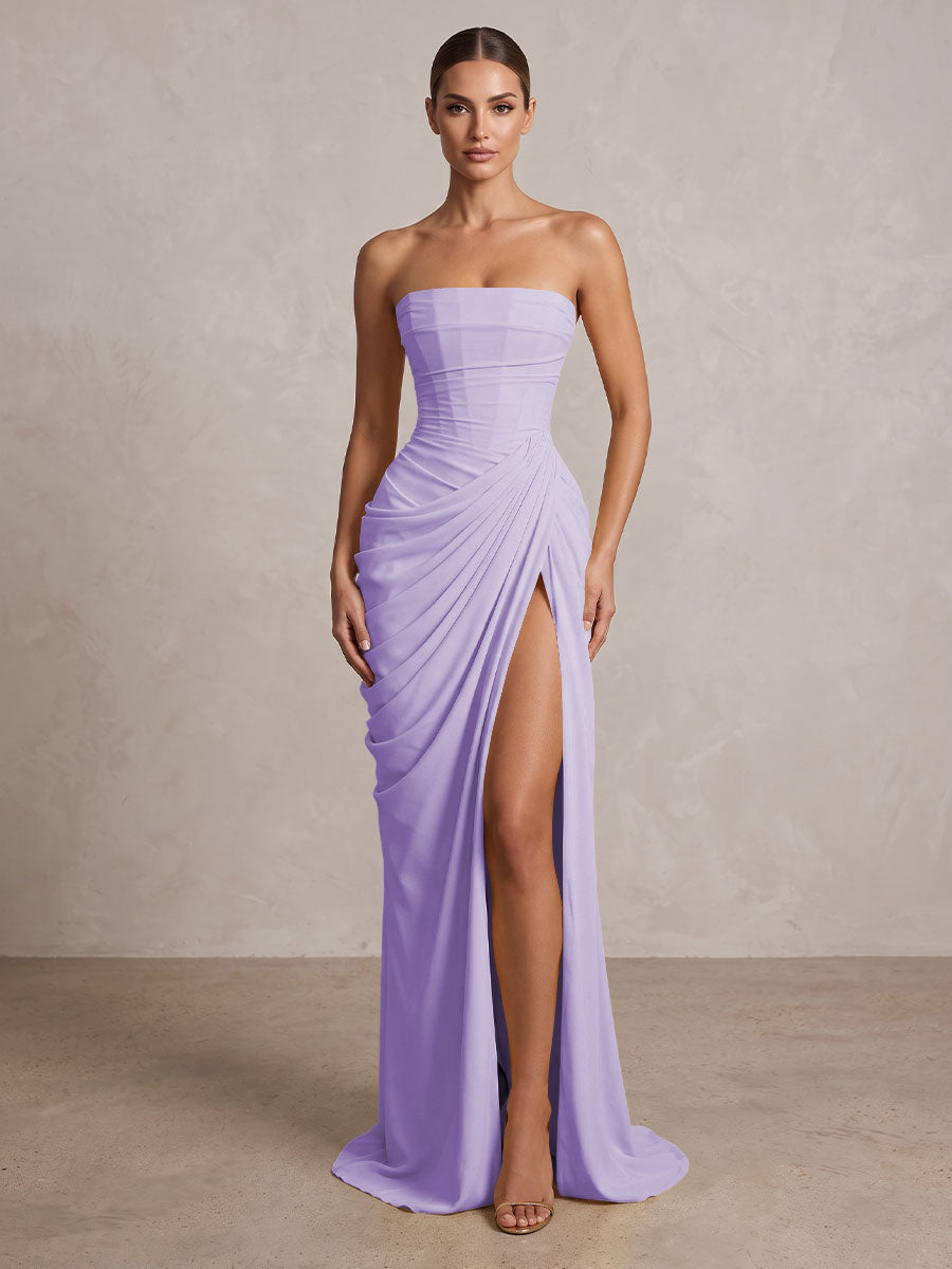 Strapless Chiffon Pleated Mermaid Formal Prom Dresses Maxi Formal Evening Gowns