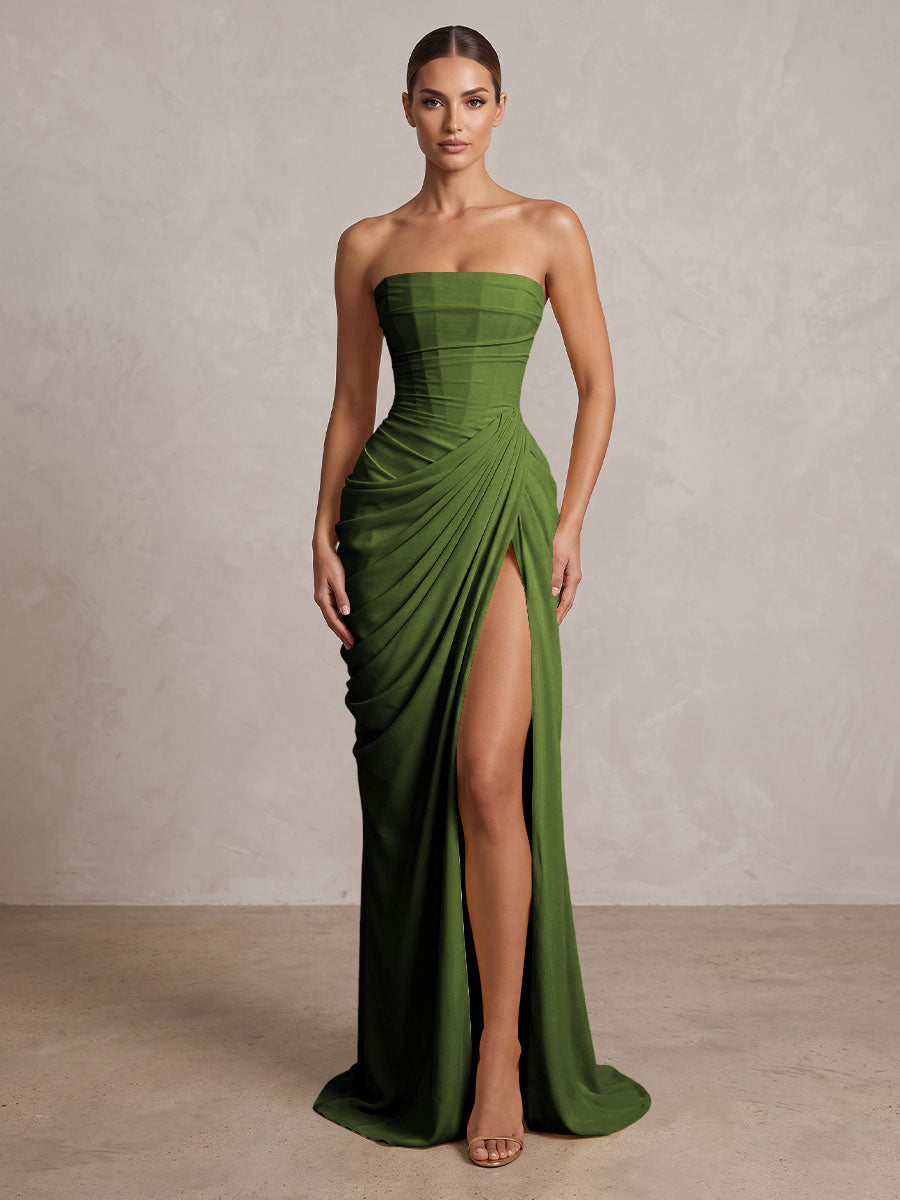 Strapless Chiffon Pleated Mermaid Formal Prom Dresses Maxi Formal Evening Gowns