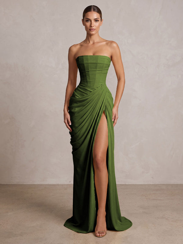 Strapless Chiffon Pleated Mermaid Formal Prom Dresses Maxi Formal Evening Gowns