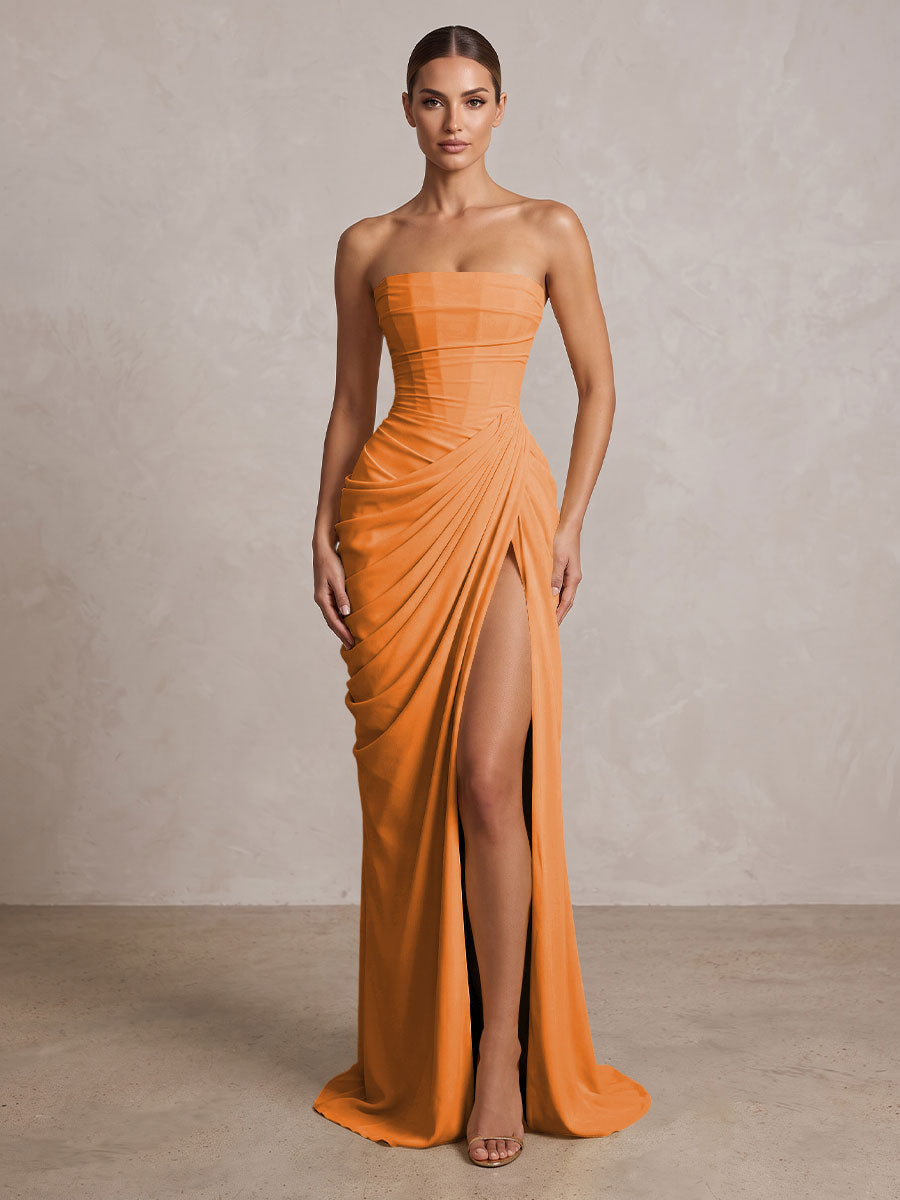Strapless Chiffon Pleated Mermaid Formal Prom Dresses Maxi Formal Evening Gowns
