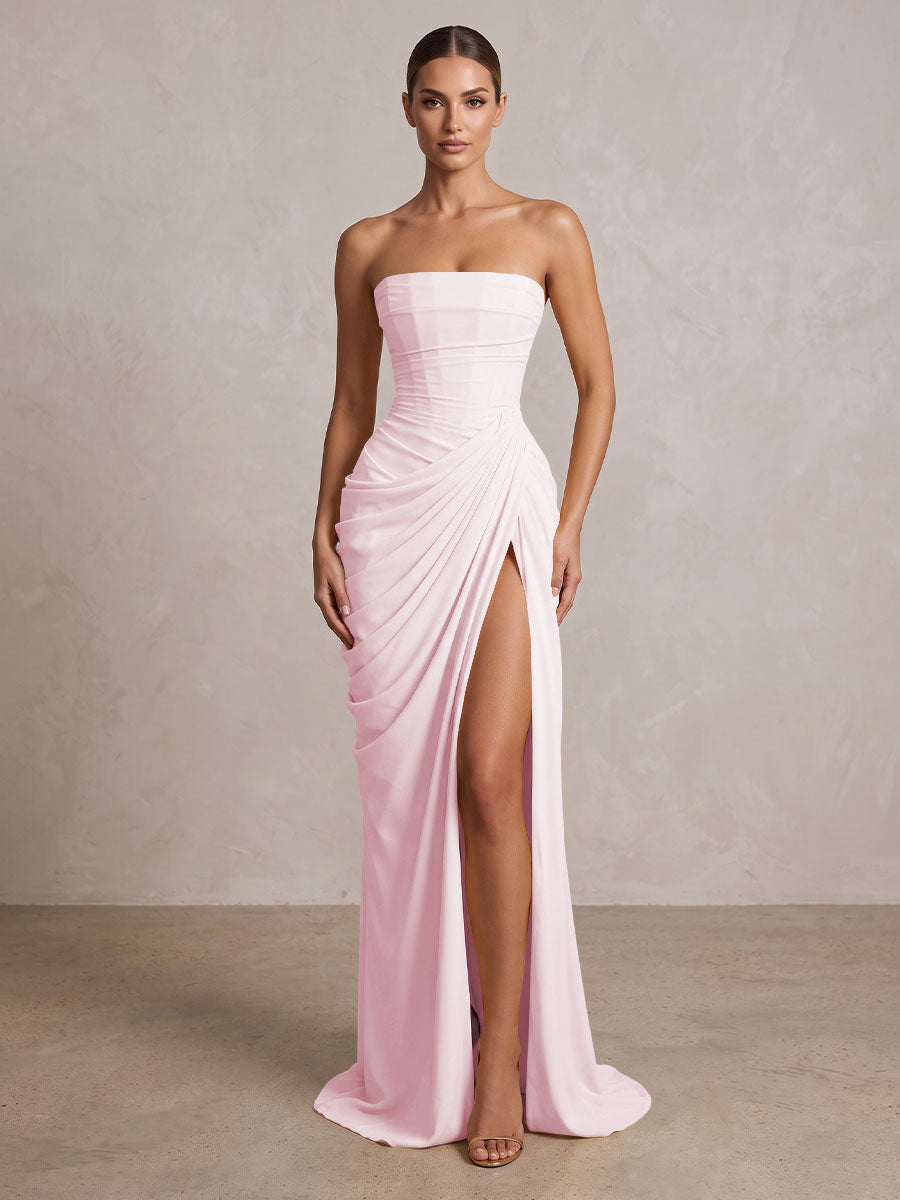 Strapless Chiffon Pleated Mermaid Formal Prom Dresses Maxi Formal Evening Gowns