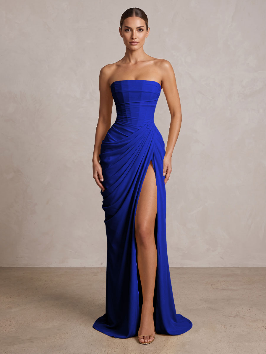 Strapless Chiffon Pleated Mermaid Formal Prom Dresses Maxi Formal Evening Gowns