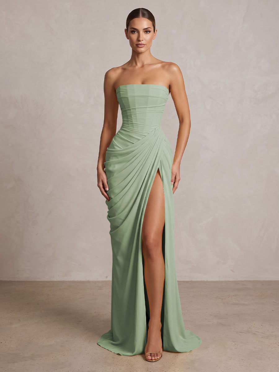 Strapless Chiffon Pleated Mermaid Formal Prom Dresses Maxi Formal Evening Gowns