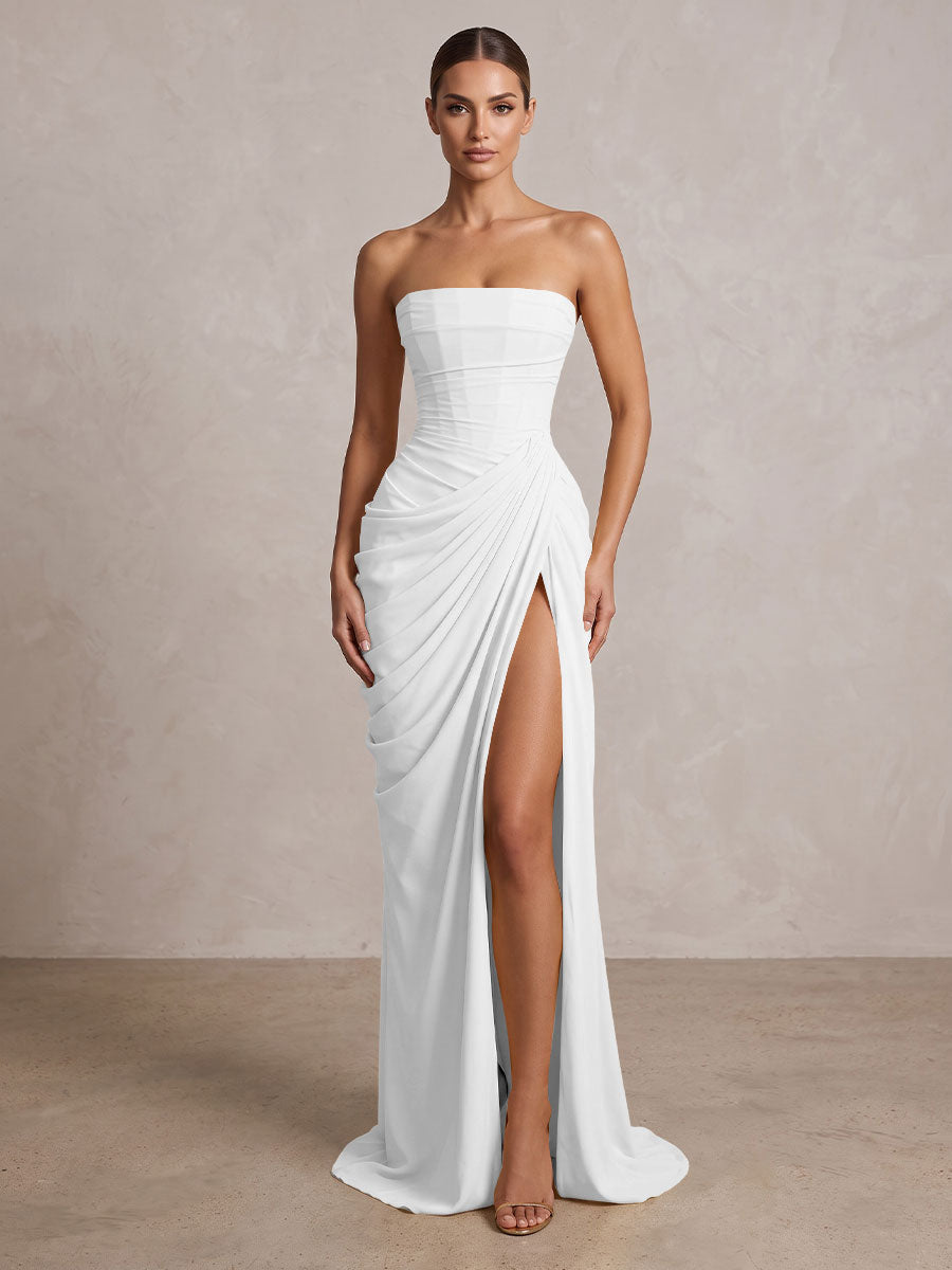 Strapless Chiffon Pleated Mermaid Formal Prom Dresses Maxi Formal Evening Gowns