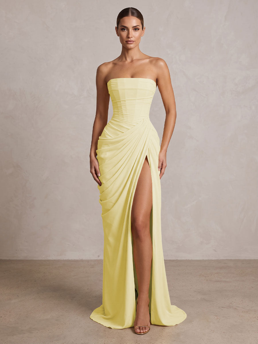 Strapless Chiffon Pleated Mermaid Formal Prom Dresses Maxi Formal Evening Gowns