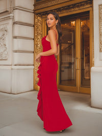 Spaghetti Straps Cowl Neck Velvet Ruffles Pleated Mermaid Prom Dresses