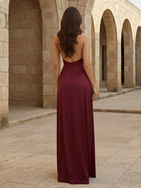 V Neck Satin Drop Waist Prom Dresses for Women with Slit