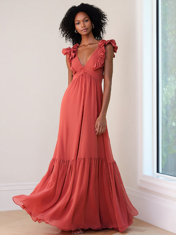 A Line Chiffon V Neck Ruffled Sleeveless Floor Length Formal Dresses