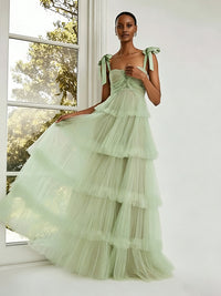 A Line Straps Romantic Long Tulle Formal Dresses with Tiered Ruffles