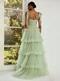 A Line Straps Romantic Long Tulle Formal Dresses with Tiered Ruffles