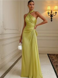 A Line Chiffon Halter Ruched Long Chic Formal Dresses with Pleats