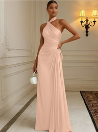 Satin Sheath/Column Halter Floor-Length Formal Dresses with Pleats