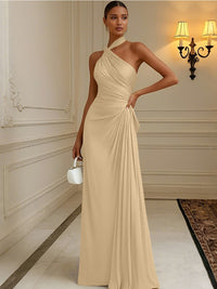 Satin Sheath/Column Halter Floor-Length Formal Dresses with Pleats