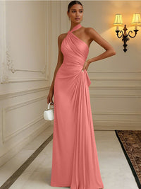 Satin Sheath/Column Halter Floor-Length Formal Dresses with Pleats