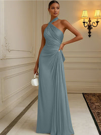 Satin Sheath/Column Halter Floor-Length Formal Dresses with Pleats
