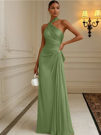 Satin Sheath/Column Halter Floor-Length Formal Dresses with Pleats