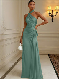 Satin Sheath/Column Halter Floor-Length Formal Dresses with Pleats