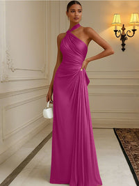 Satin Sheath/Column Halter Floor-Length Formal Dresses with Pleats