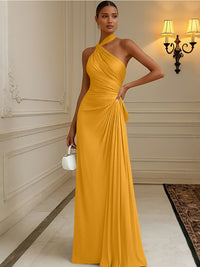 Satin Sheath/Column Halter Floor-Length Formal Dresses with Pleats