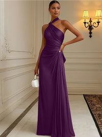 Satin Sheath/Column Halter Floor-Length Formal Dresses with Pleats