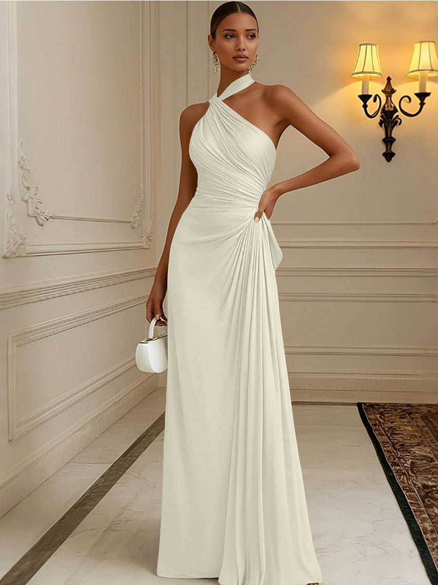 Satin Sheath/Column Halter Floor-Length Formal Dresses with Pleats