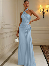 Satin Sheath/Column Halter Floor-Length Formal Dresses with Pleats
