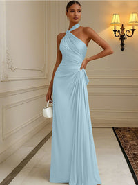 Satin Sheath/Column Halter Floor-Length Formal Dresses with Pleats
