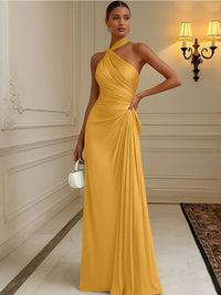 Satin Sheath/Column Halter Floor-Length Formal Dresses with Pleats