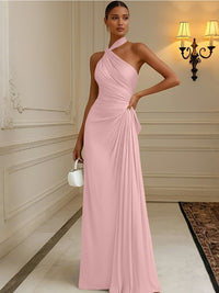 Satin Sheath/Column Halter Floor-Length Formal Dresses with Pleats