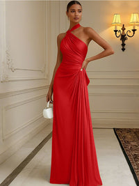 Satin Sheath/Column Halter Floor-Length Formal Dresses with Pleats