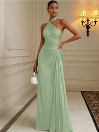 Satin Sheath/Column Halter Floor-Length Formal Dresses with Pleats
