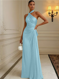 Satin Sheath/Column Halter Floor-Length Formal Dresses with Pleats