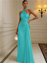 Satin Sheath/Column Halter Floor-Length Formal Dresses with Pleats