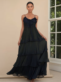 Chiffon A Line Spaghetti Straps Tiered Formal Dresses with Bows