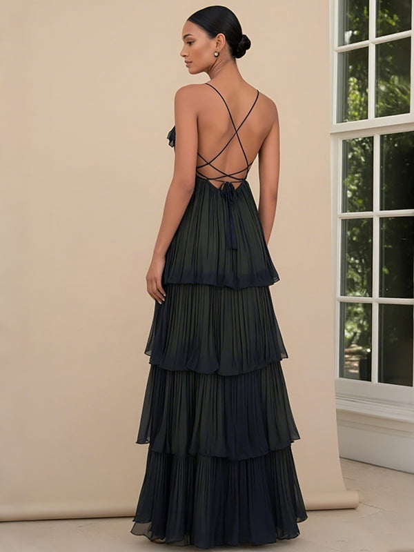 Chiffon A Line Spaghetti Straps Tiered Formal Dresses with Bows
