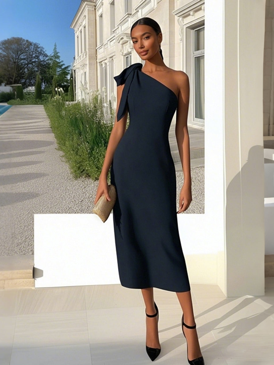 Sheath Tea Length One Shoulder Versatile Cocktail Dresses with Bows