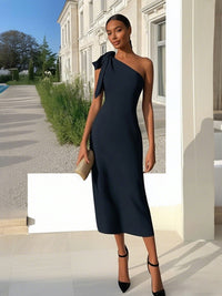 Sheath Tea Length One Shoulder Versatile Cocktail Dresses with Bows