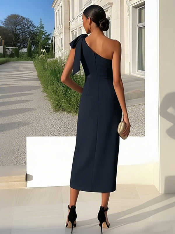 Sheath Tea Length One Shoulder Versatile Cocktail Dresses with Bows
