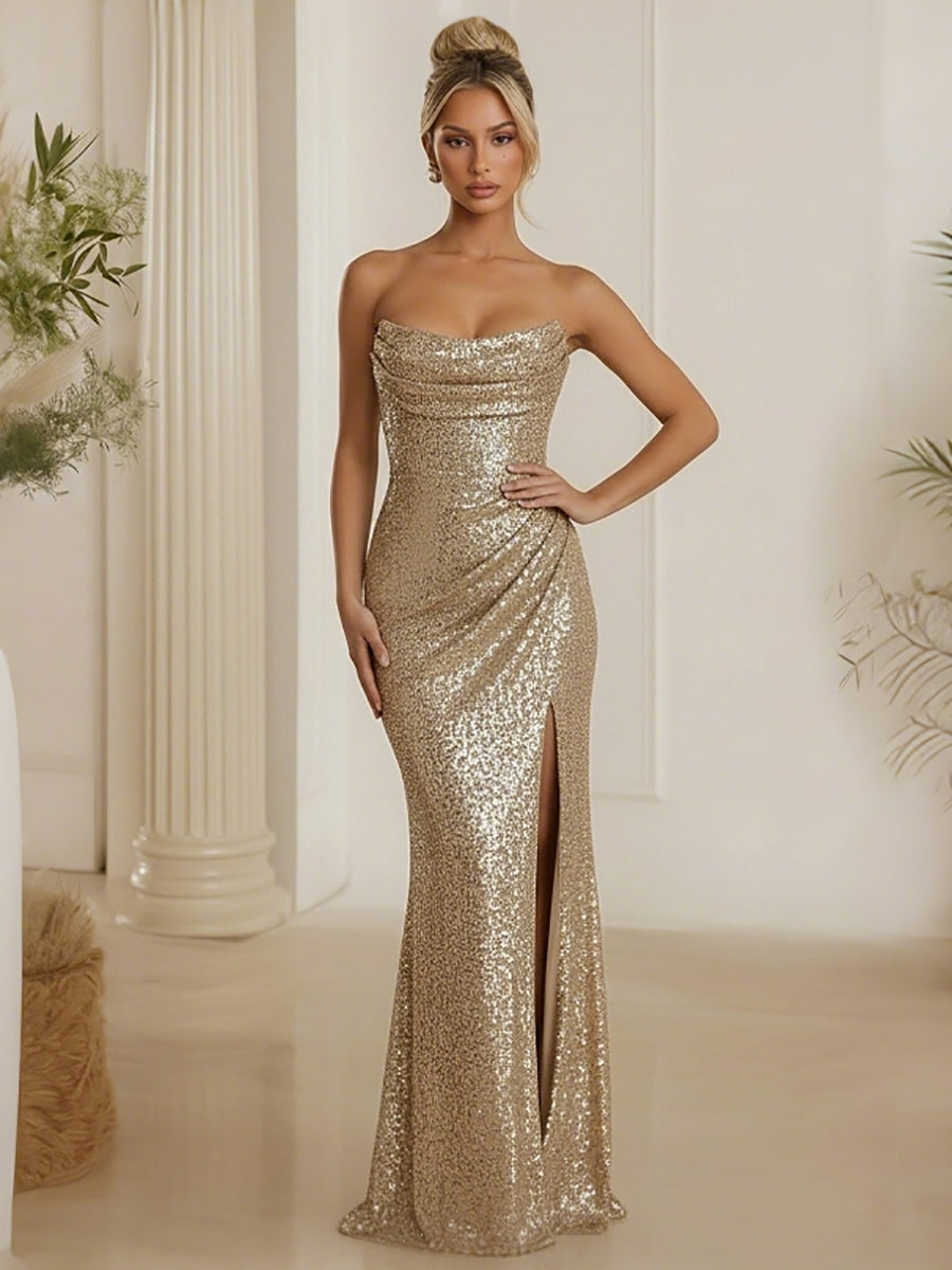 Sheath Sweetheart Ruched Sequined Formal Dresses with Split Side